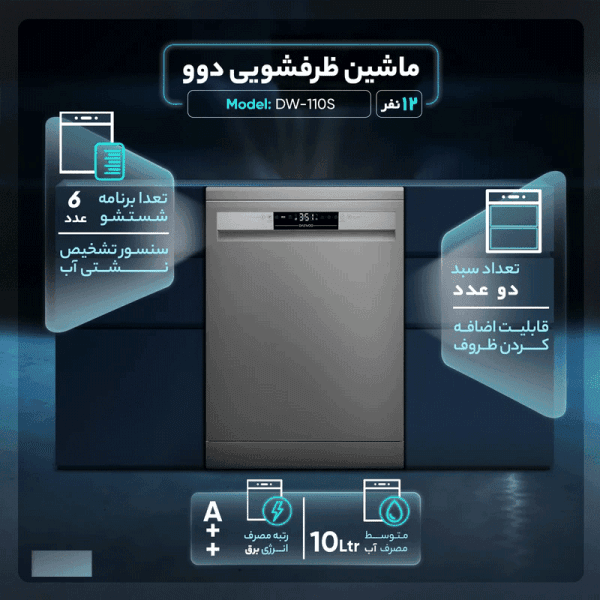 ماشین ظرفشویی ۱۲ نفره دوو مدل DW-110S دوو اسنوا کرج، فروشگاه لوازم خانگی حیدری، نمایندگی اسنوا، نمایندگی دوو کرج، طراحی شده توسط ایمان صفدرپور